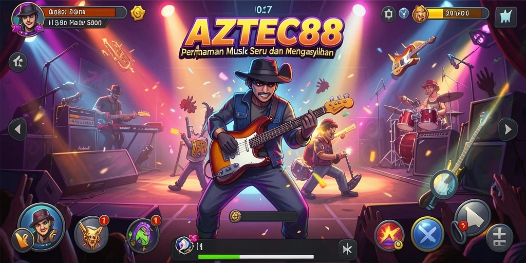 Tampilan gameplay AZTEC88 dengan aksi musik yang seru.