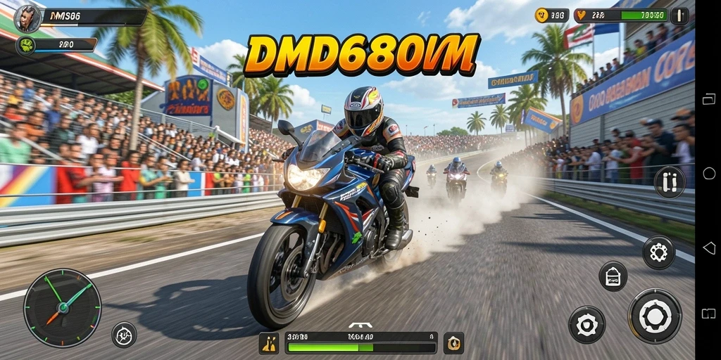 Screenshot DMD686 menampilkan gameplay balap motor yang mendebarkan.