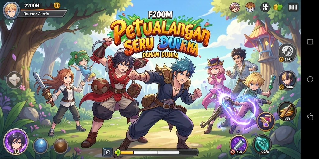 Tampilan screenshot F200M menampilkan karakter anime dalam pertempuran seru.