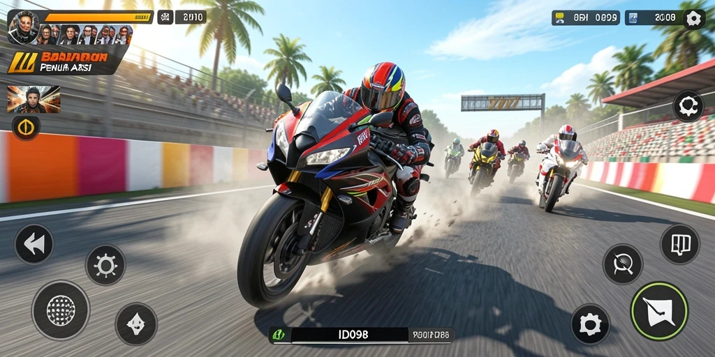 Gameplay seru ID098 dengan balapan motor yang mendebarkan.