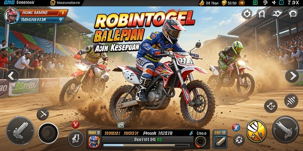 Tampilan gameplay yang mendebarkan dari ROBINTOGEL saat balapan motor.