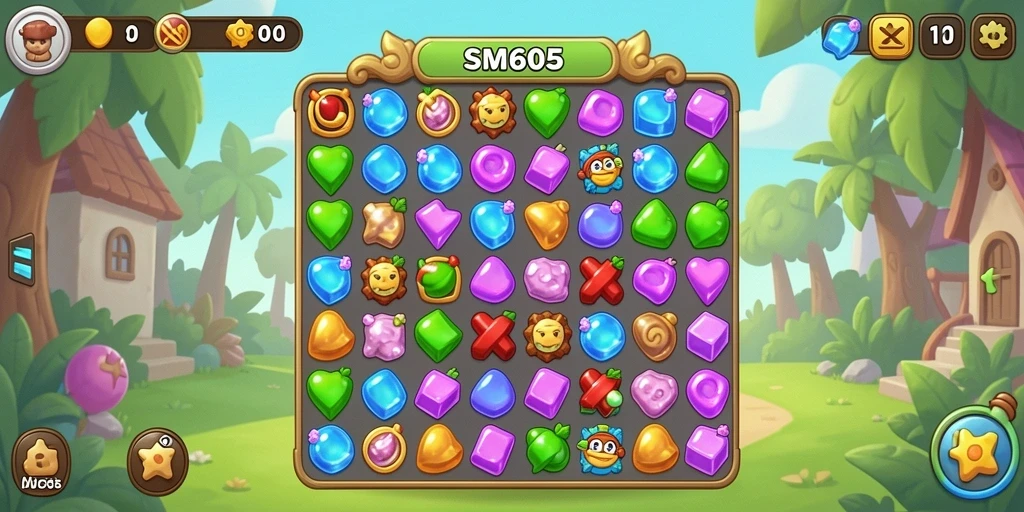 Tampilan menarik dari gameplay SM605 di tengah misi Match-3.