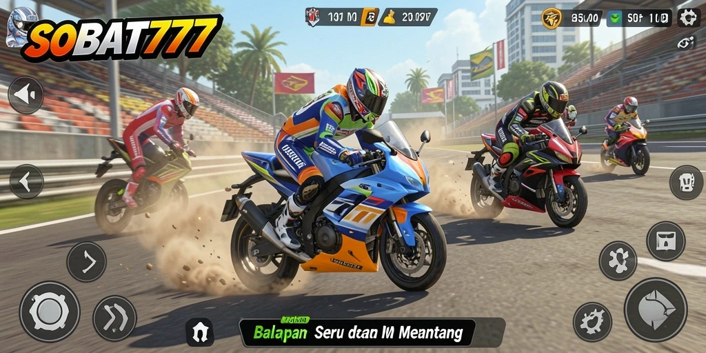 Tampilan gameplay seru di SOBAT777 dengan balapan motor yang mendebarkan.